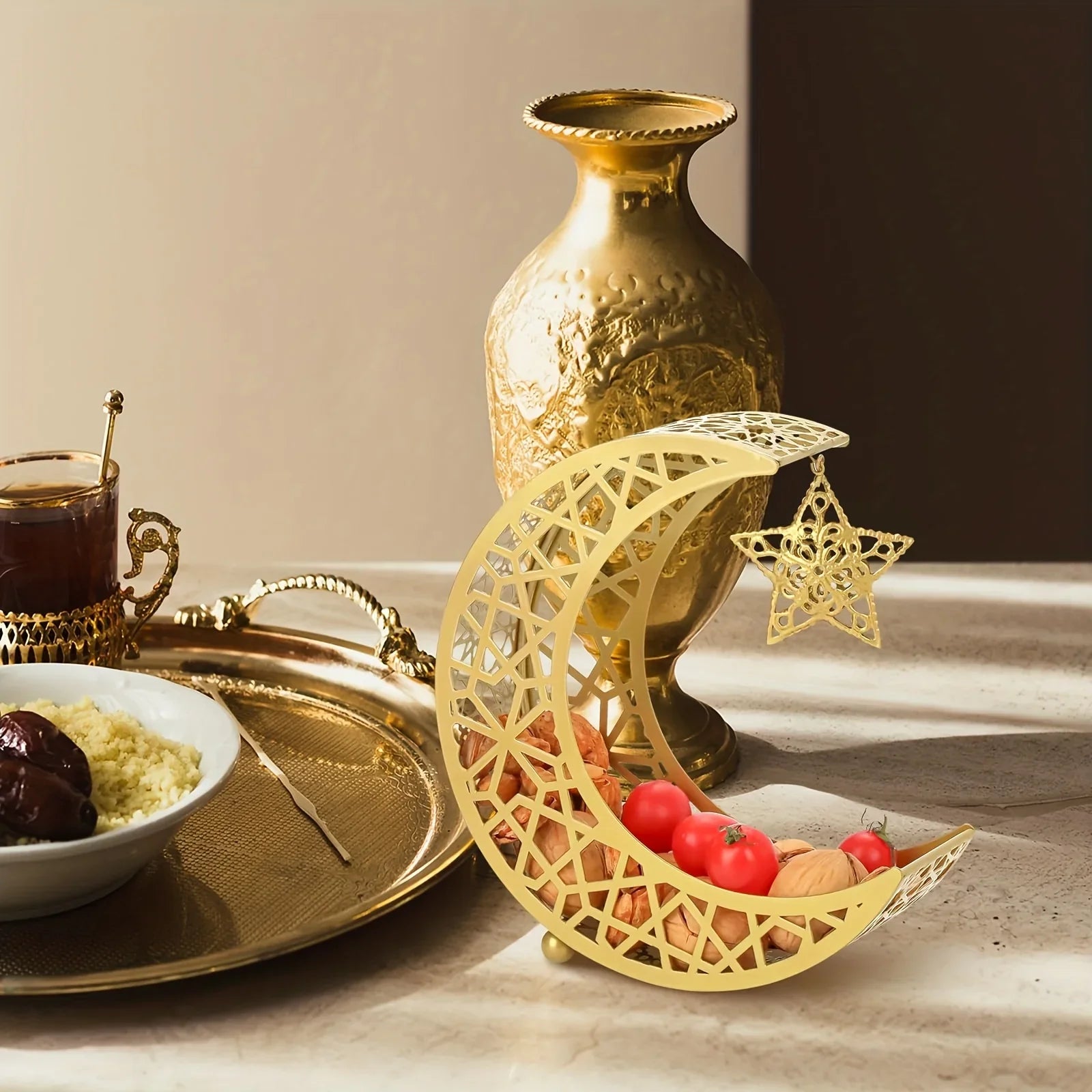 Islamic Ramadan & Eid Serving Tray - Crescent Moon & Star Design with Intricate Lattice Pattern, Durable Iron Construction, Perfect for Iftar Party, Dessert Display, And Table Decor, Ramadan Decorations House Of Avana