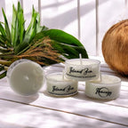 Clear glass tea light candle with coconut-soy wax and crystal, soft glow - House of Avana