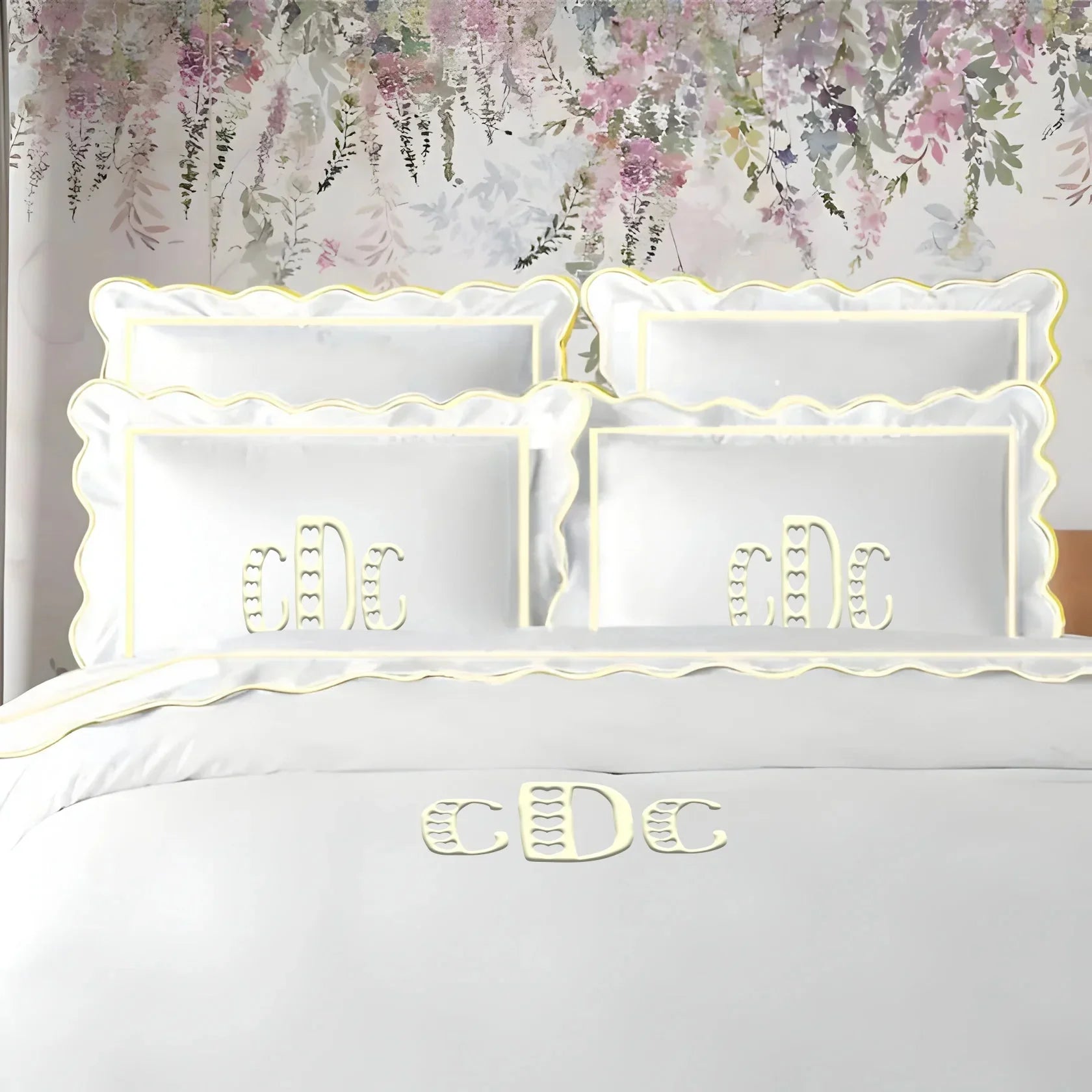 Monogram 400TC Cotton Scallop Embroidery & Border Sateen Solid Duvet Cover Set PushpLinen