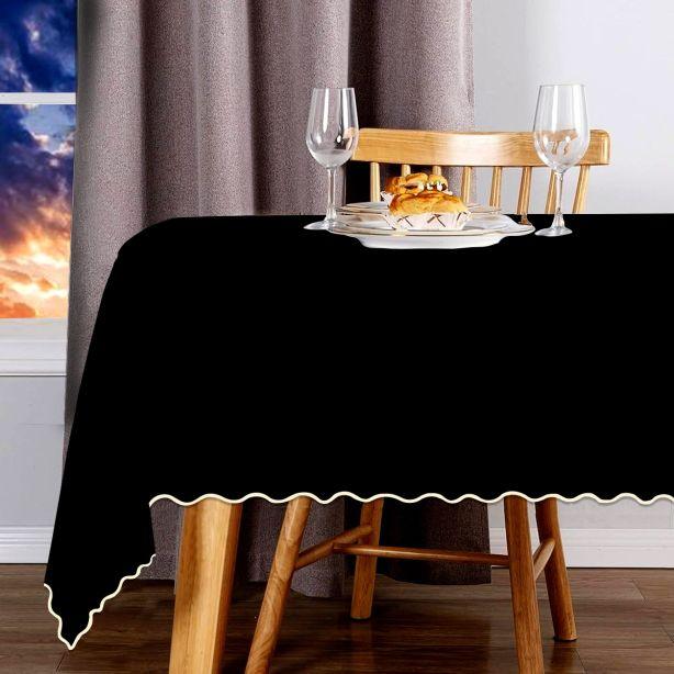 Scallop Embroidery Sateen Cotton Solid Table Cloth - Black PushpLinen