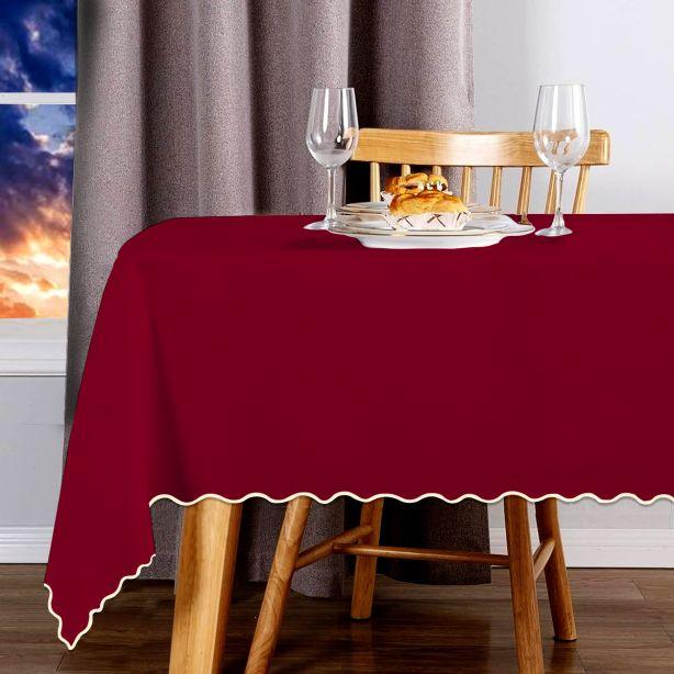 Scallop Embroidery Sateen Cotton Solid Table Cloth - Burgundy PushpLinen