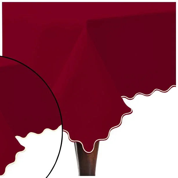Scallop Embroidery Sateen Cotton Solid Table Cloth - Burgundy PushpLinen
