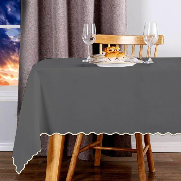Scallop Embroidery Sateen Cotton Solid Table Cloth - Dark Grey PushpLinen