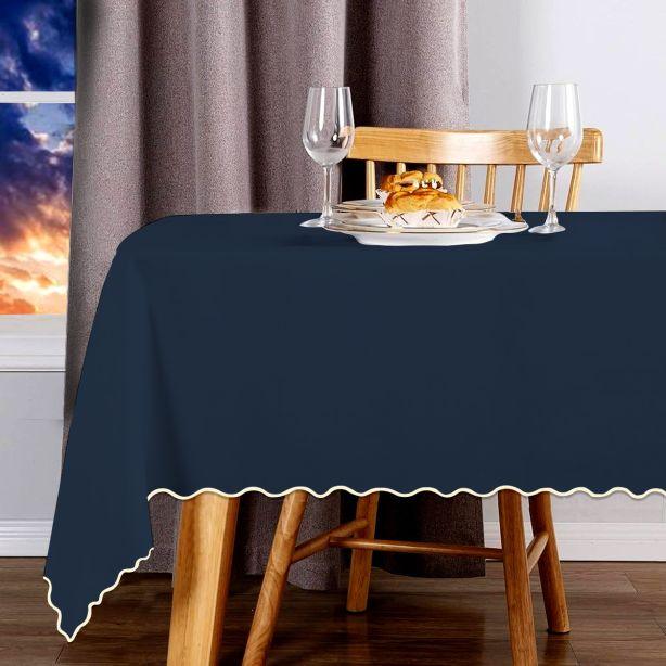 Scallop Embroidery Sateen Cotton Solid Table Cloth - Navy PushpLinen
