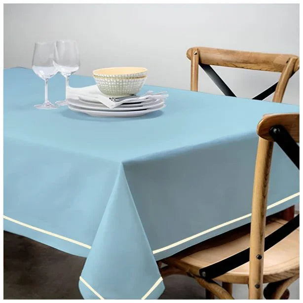 Single Embroidery Border Sateen Cotton Solid Table Cloth - Light Blue PushpLinen