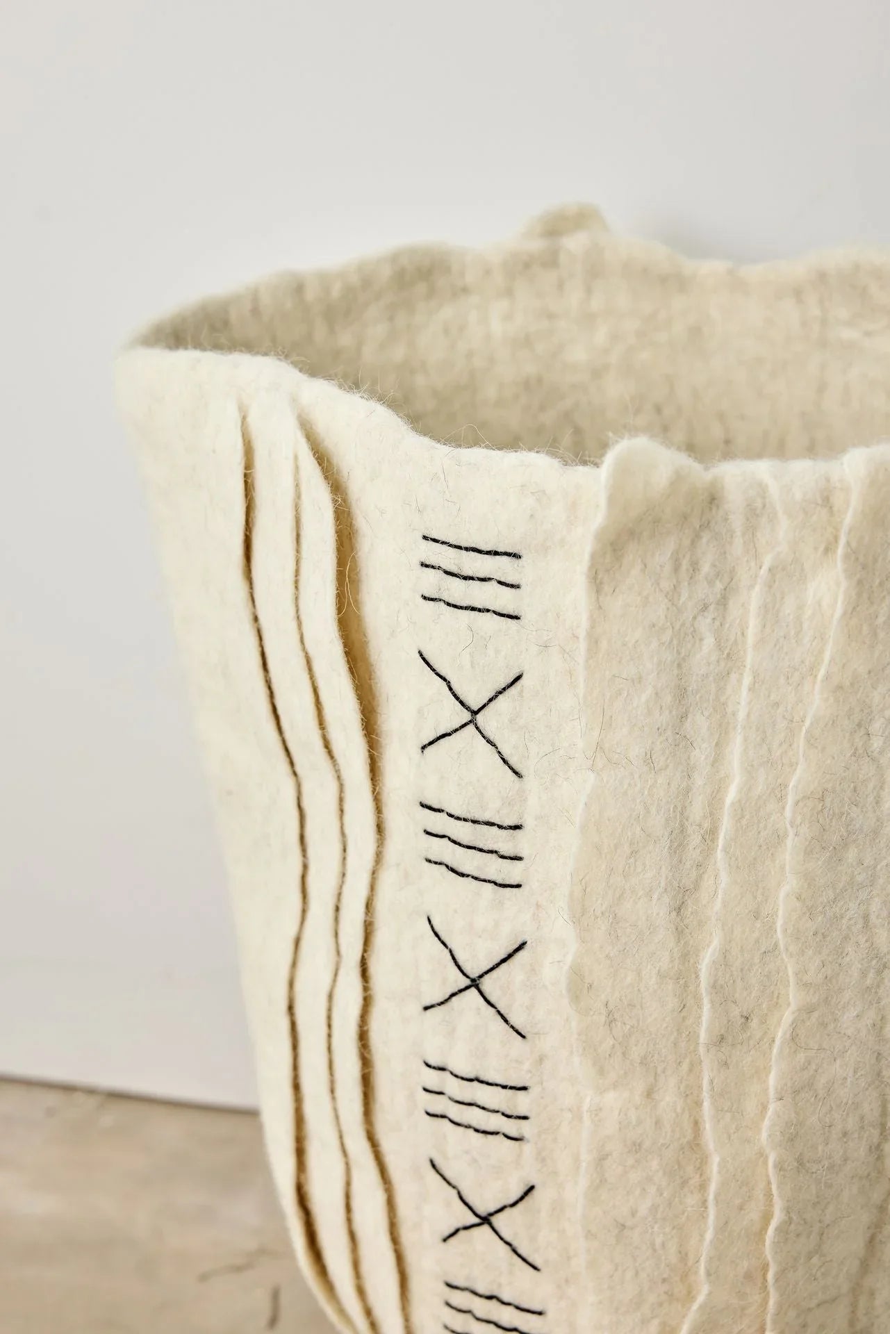 Zulu Hand-felted Ivory Wool Floor Vase, side view - House Of Avana