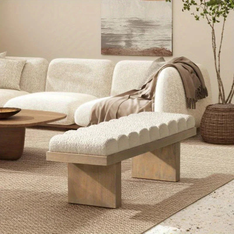 Bella Upholstered Modern Acnt Bench, Ivory White Boucle - House Of Avana
