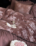 Jacquard Gilded Velvet Ruffled Bedding Set / Pink Ever Lasting