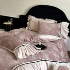 Jacquard Gilded Velvet Ruffled Bedding Set / Pink Ever Lasting