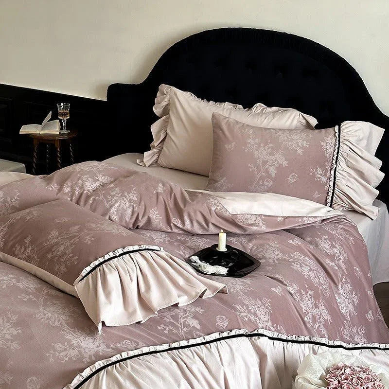 Jacquard Gilded Velvet Ruffled Bedding Set / Pink Ever Lasting