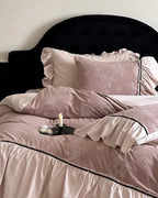 Jacquard Gilded Velvet Ruffled Bedding Set / Pink Ever Lasting