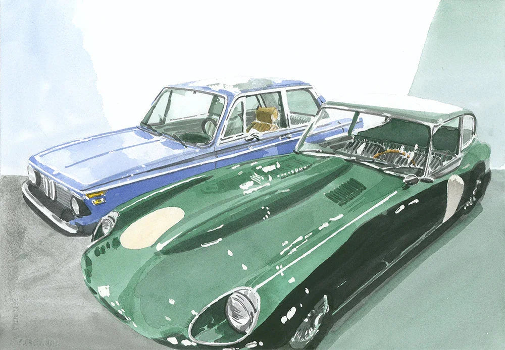 Jaguar E-type and Bmw Painting, Classic Cars, Watercolor, Print, front view - House Of Avana