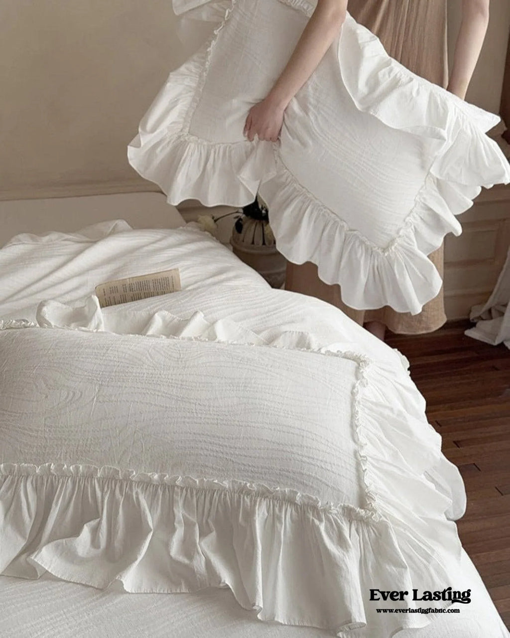 Jasmine White Ruffled Jacquard Bedding Set Ever Lasting
