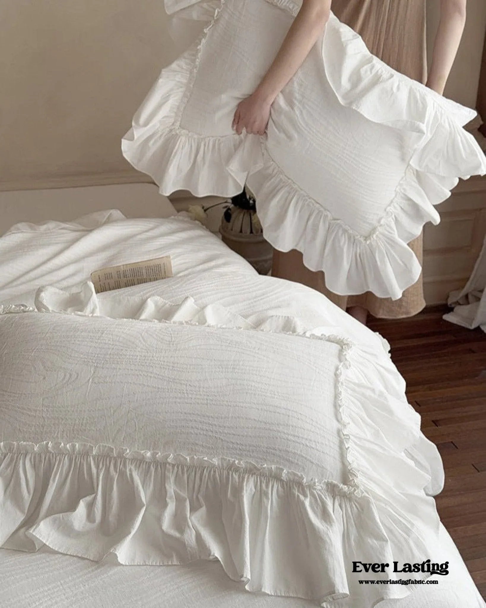 Jasmine White Ruffled Jacquard Bedding Set Ever Lasting