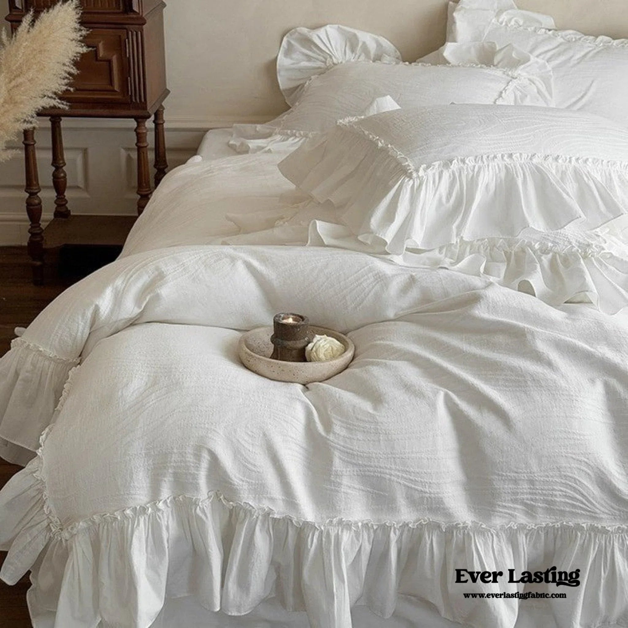 Jasmine White Ruffled Jacquard Bedding Set Ever Lasting