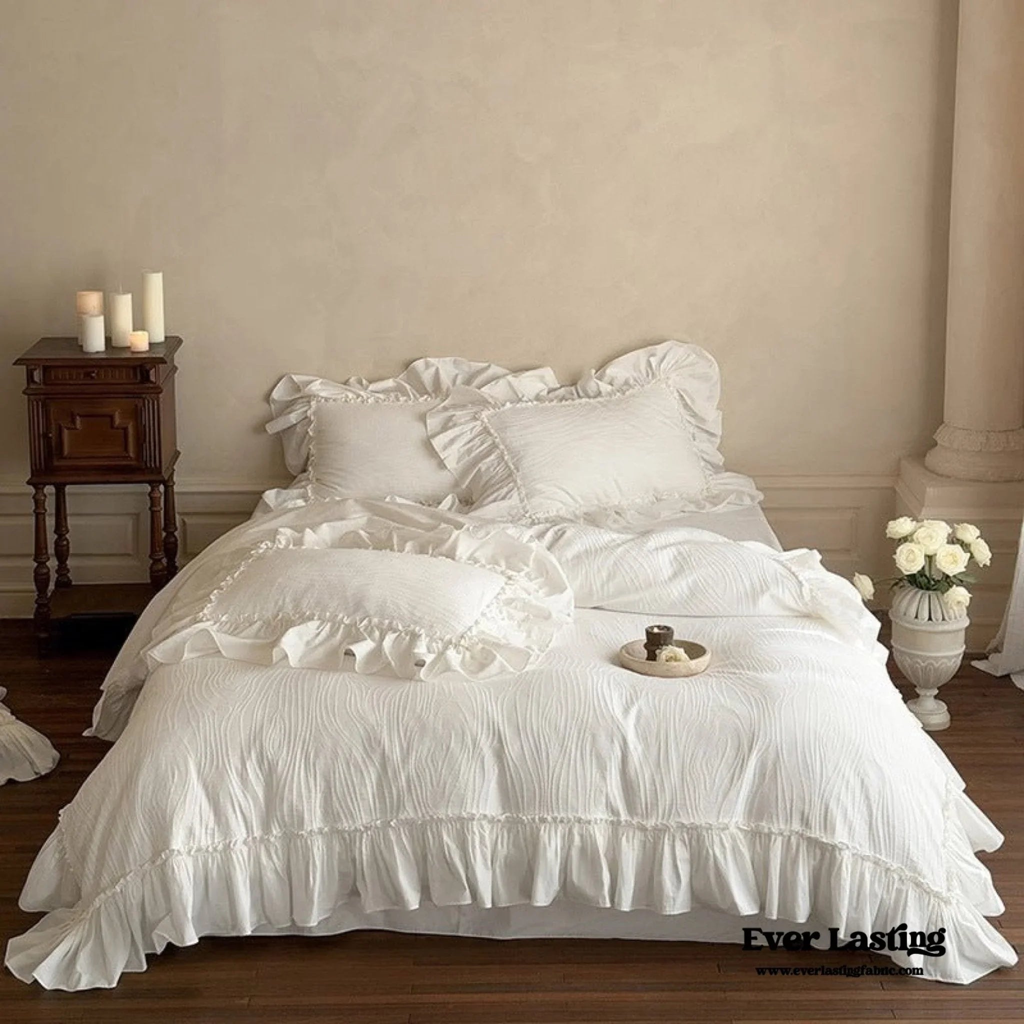 Jasmine White Ruffled Jacquard Bedding Set Ever Lasting