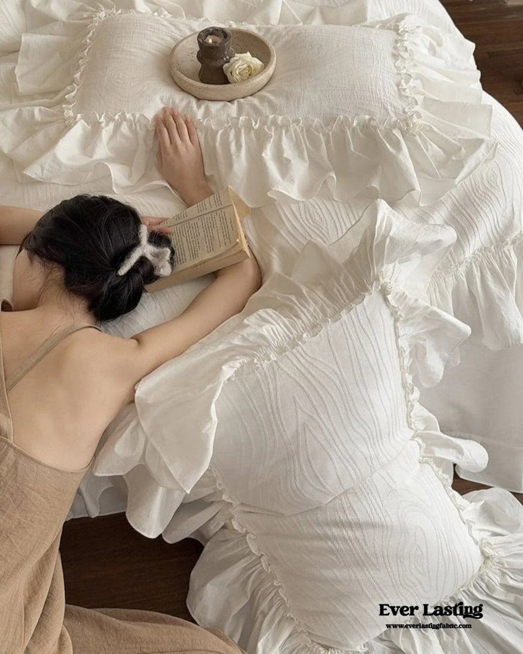 Jasmine White Ruffled Jacquard Bedding Set Ever Lasting