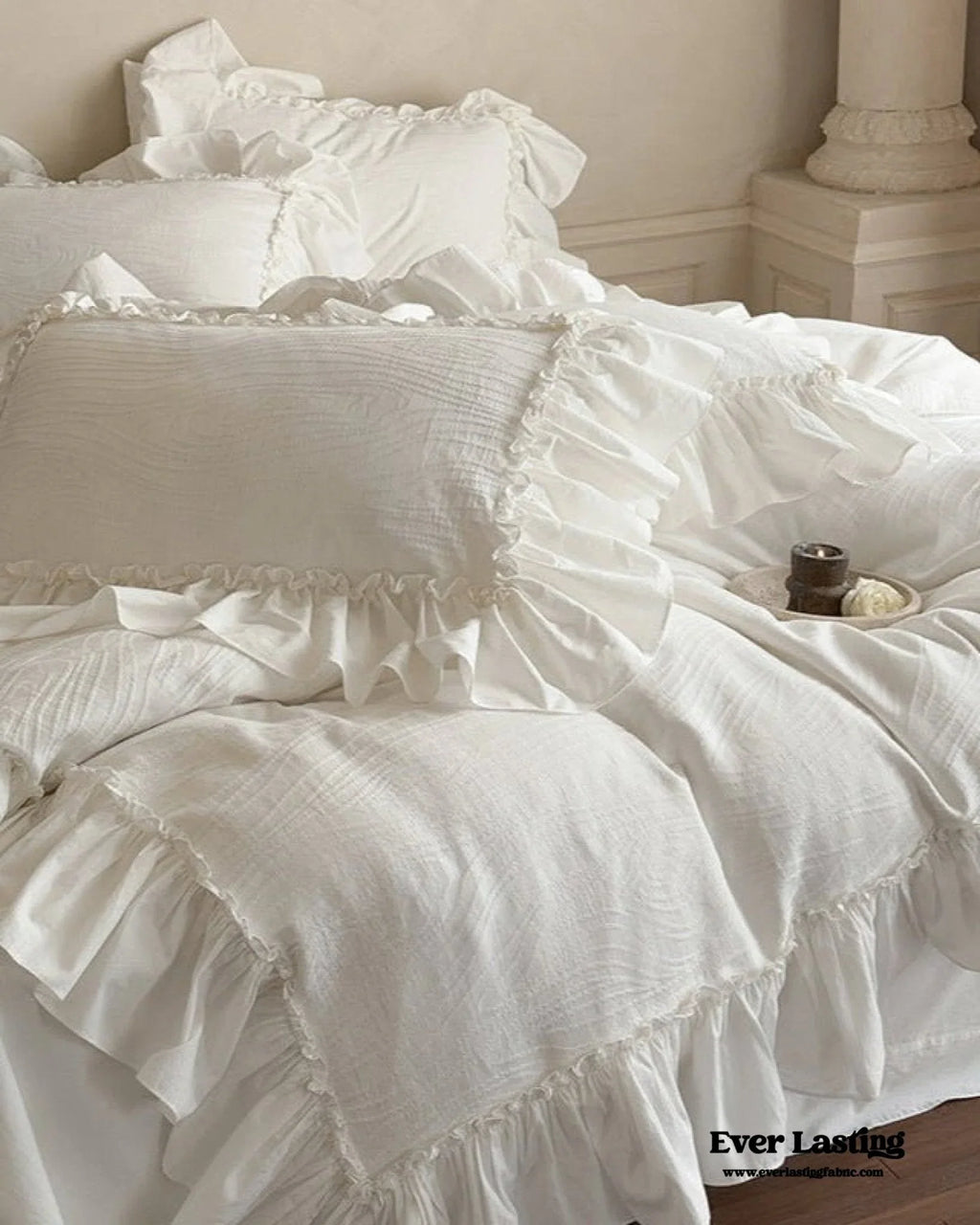 Jasmine White Ruffled Jacquard Bedding Set Ever Lasting