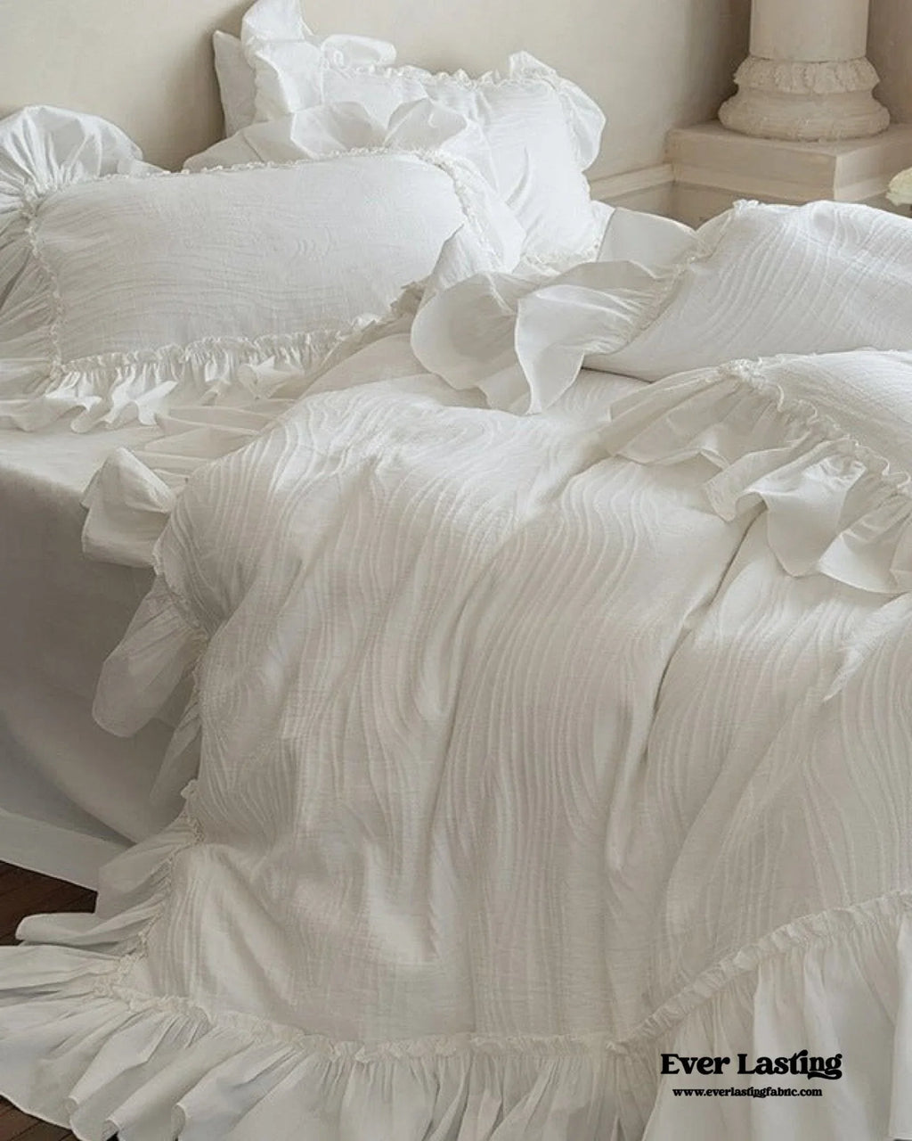 Jasmine White Ruffled Jacquard Bedding Set Ever Lasting