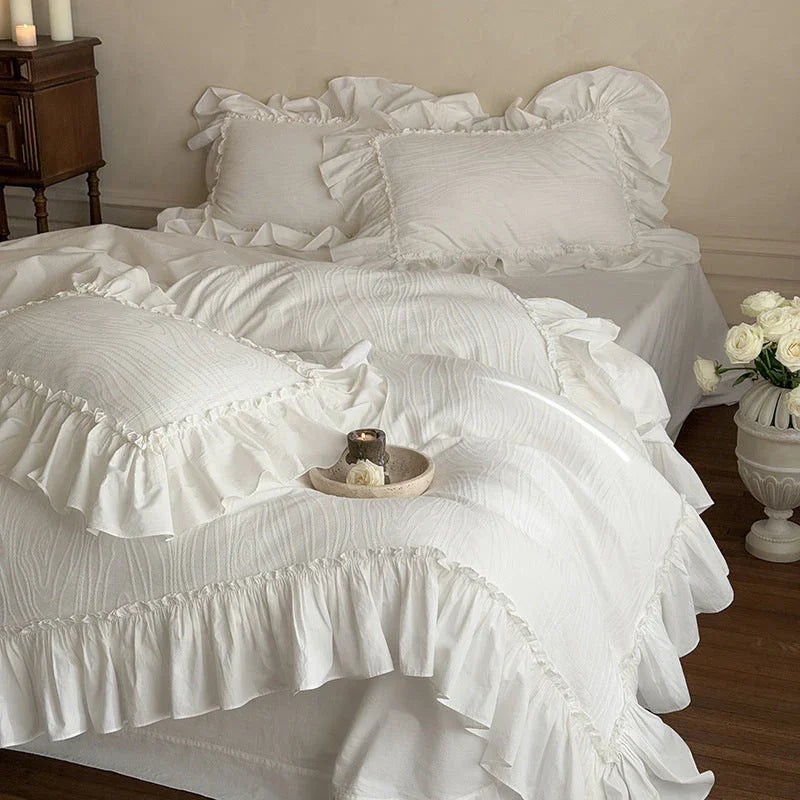 Jasmine White Ruffled Jacquard Bedding Set Ever Lasting