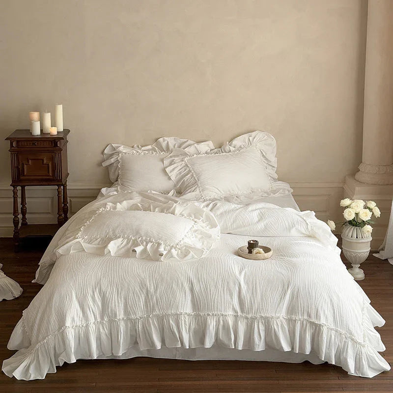 Jasmine White Ruffled Jacquard Bedding Set Ever Lasting