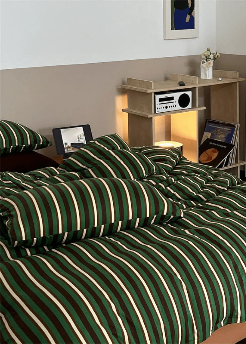 Jersey Knit Retro Stripe Bedding Set / Blue + Burgundy