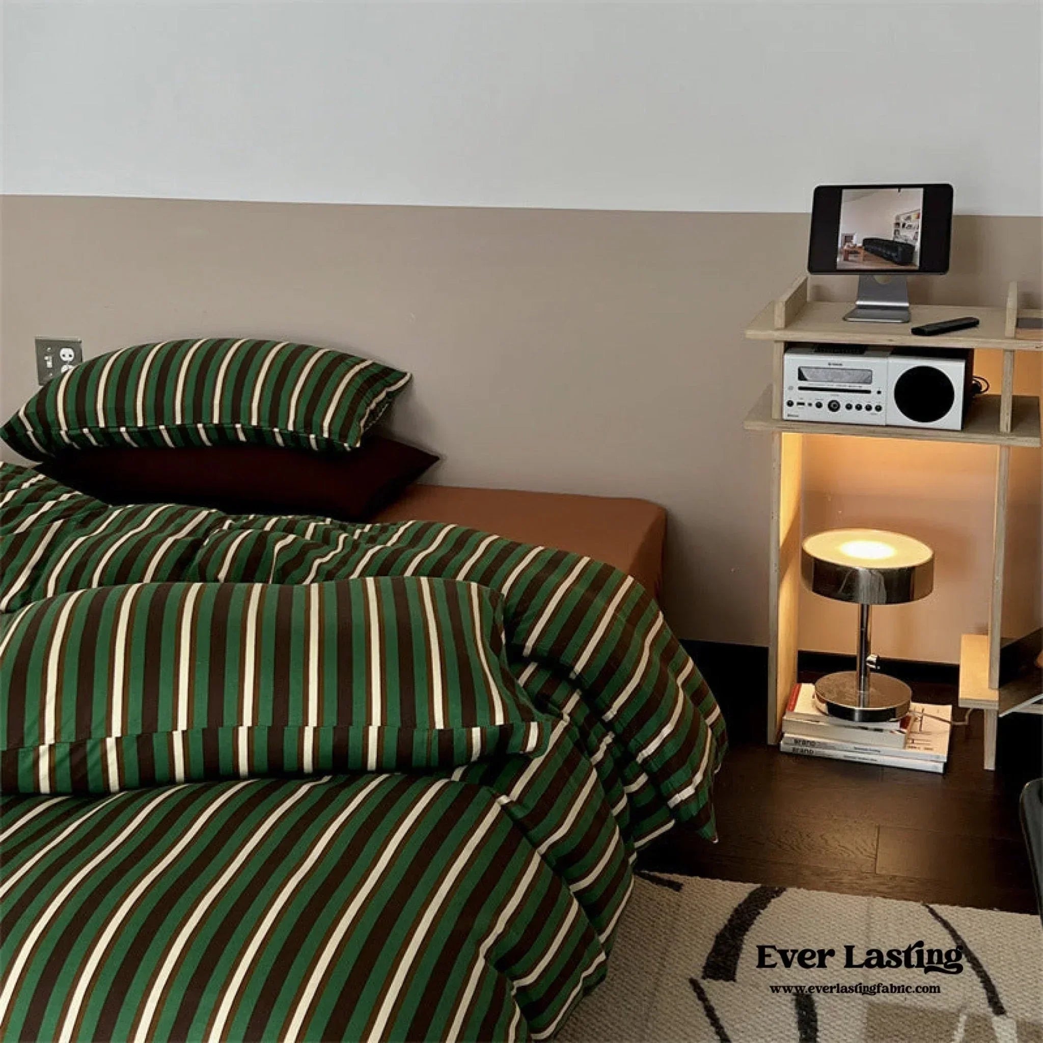 Jersey Knit Retro Stripe Bedding Set / Green + Brown Ever Lasting