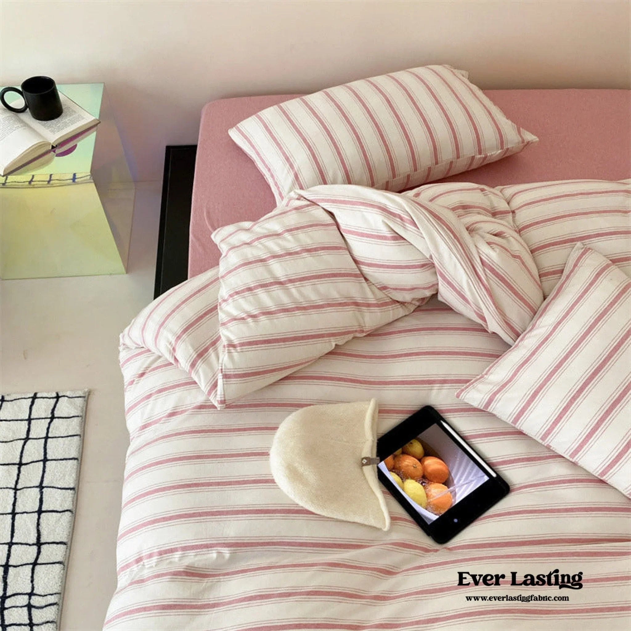 Jersey Knit Stripe Bedding Set / White Pink Ever Lasting