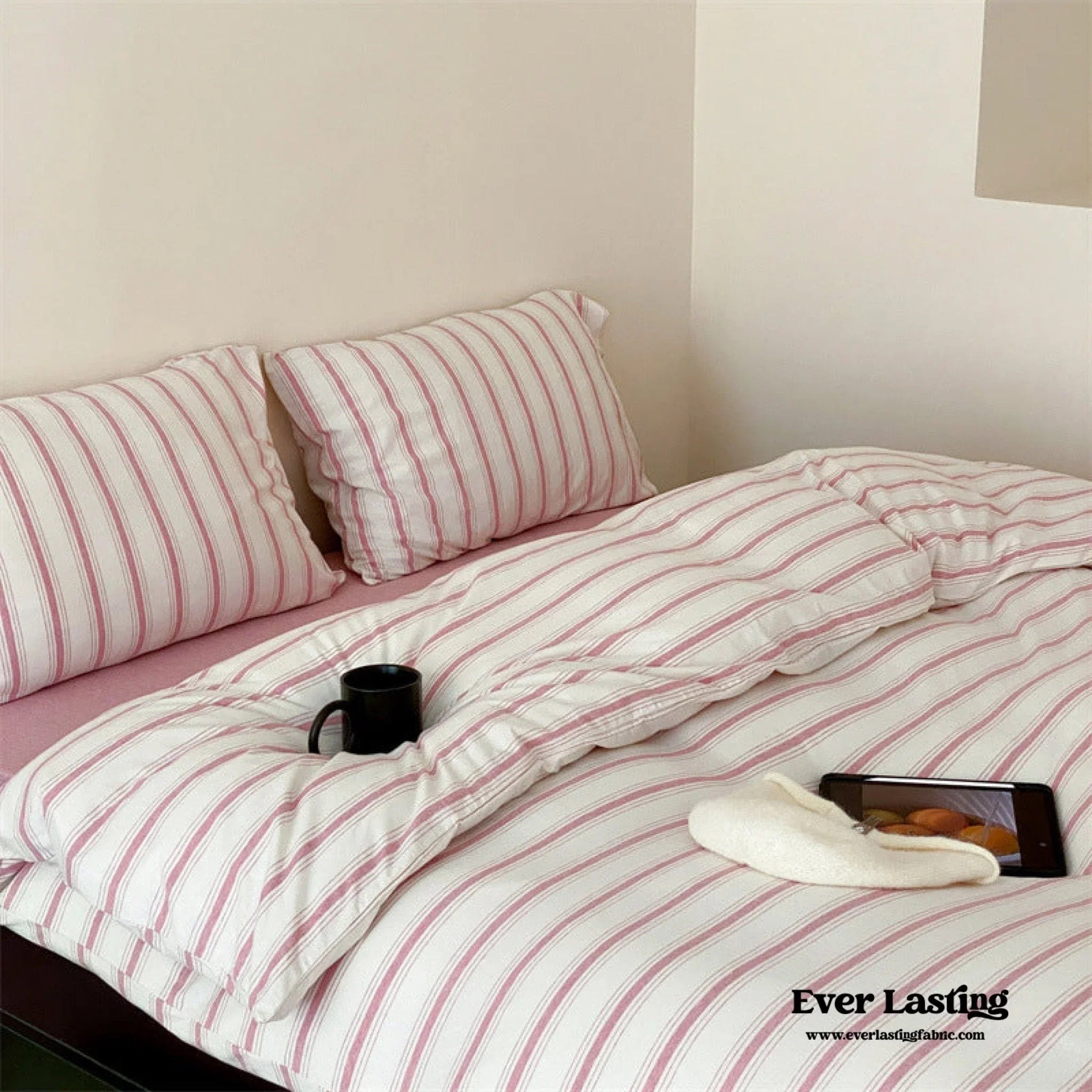 Jersey Knit Stripe Bedding Set / White Pink Ever Lasting