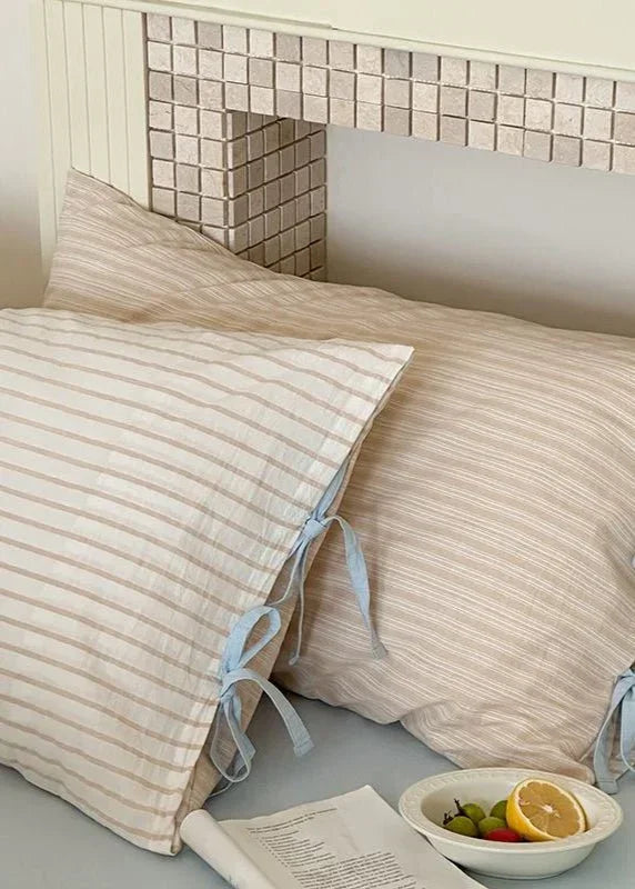 Josie Bow Tied Stripe Pillowcases / Green Ever Lasting
