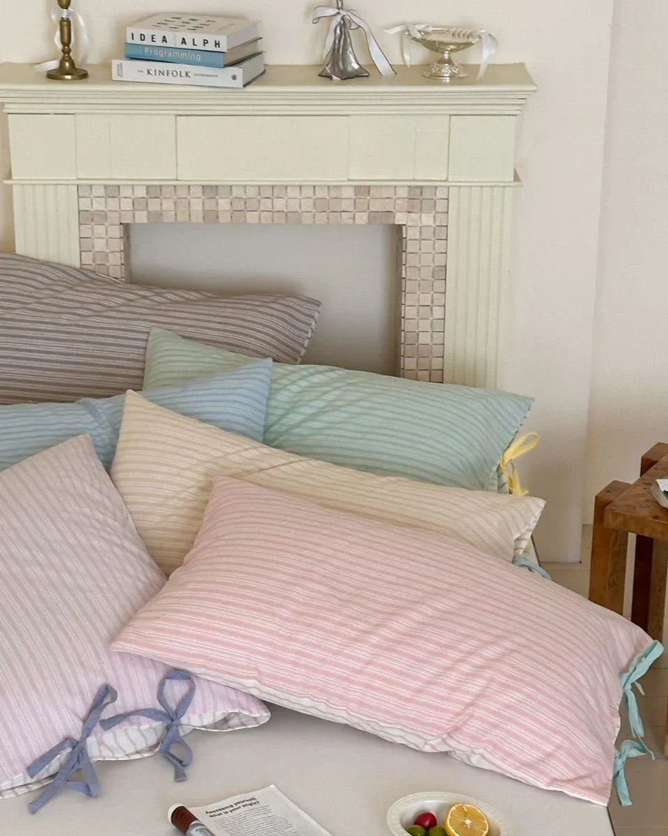 Josie Bow Tied Stripe Pillowcases / Green Ever Lasting