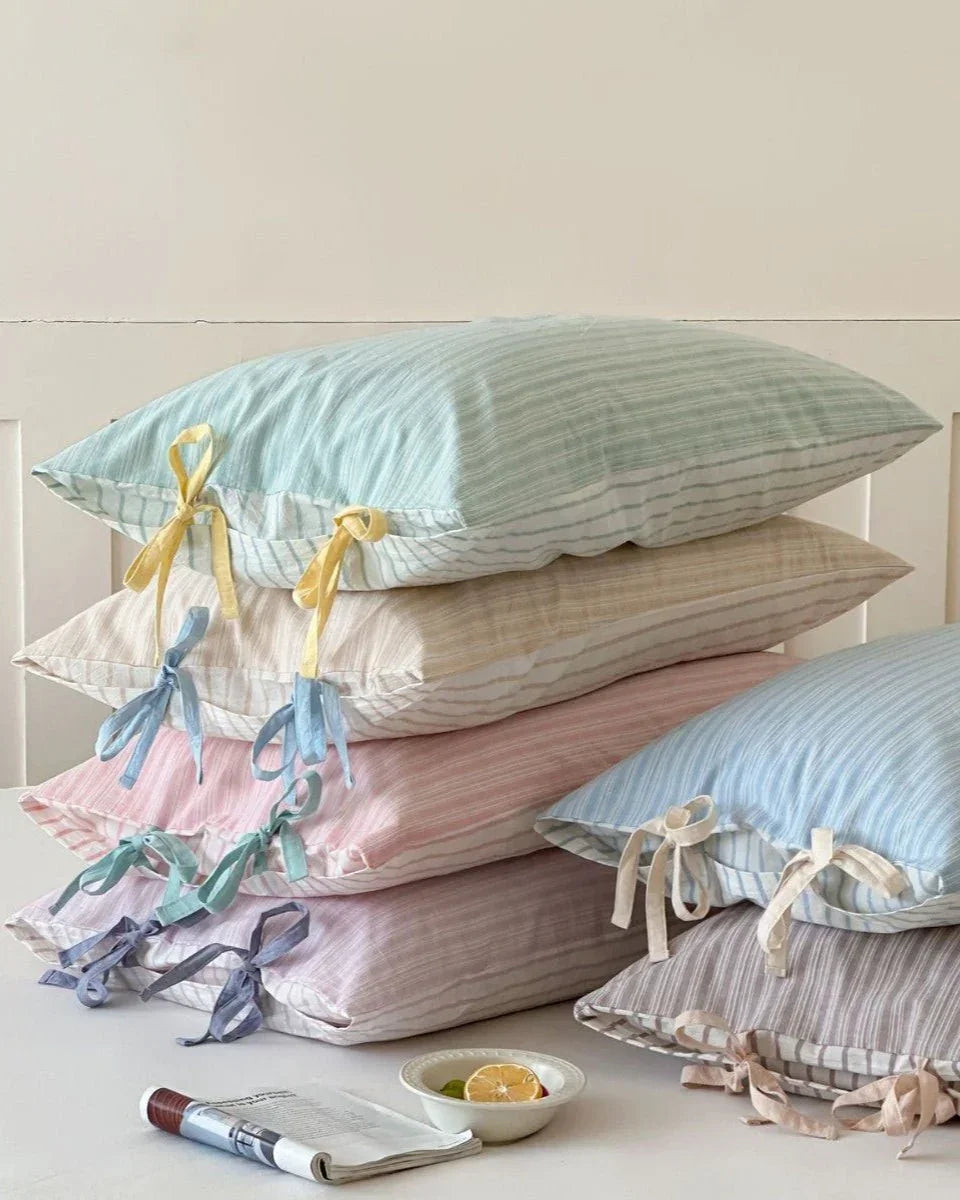Josie Bow Tied Stripe Pillowcases / Green Ever Lasting