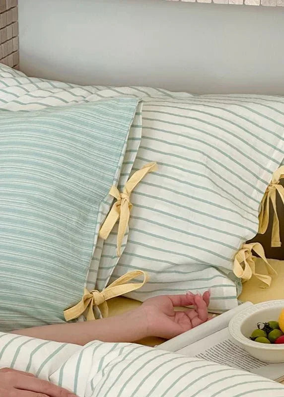 Josie Bow Tied Stripe Pillowcases / Green Ever Lasting