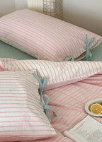 Josie Bow Tied Stripe Pillowcases / Green Ever Lasting