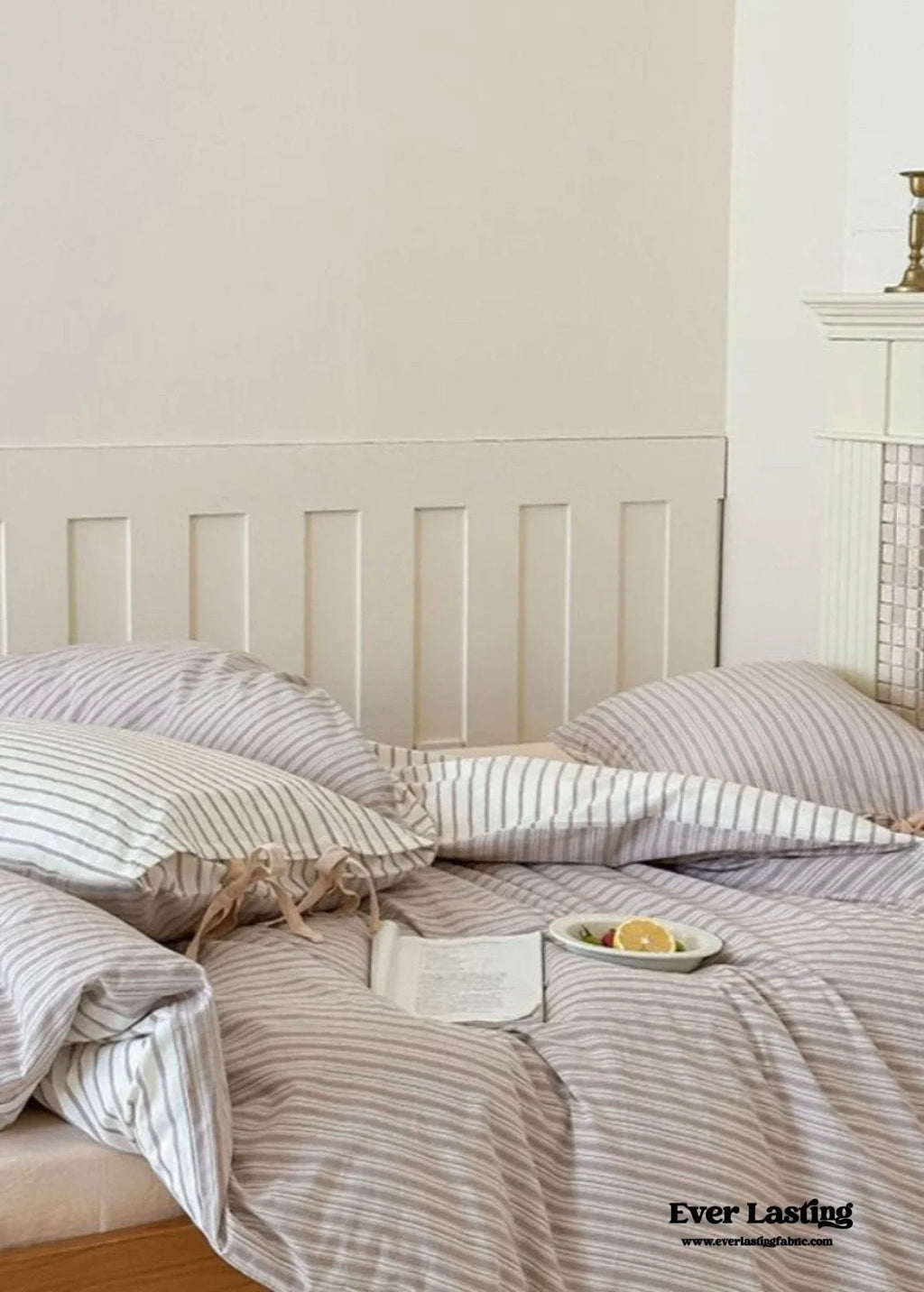 Josie Bow Tied Striped Bedding Set / Cream Ever Lasting