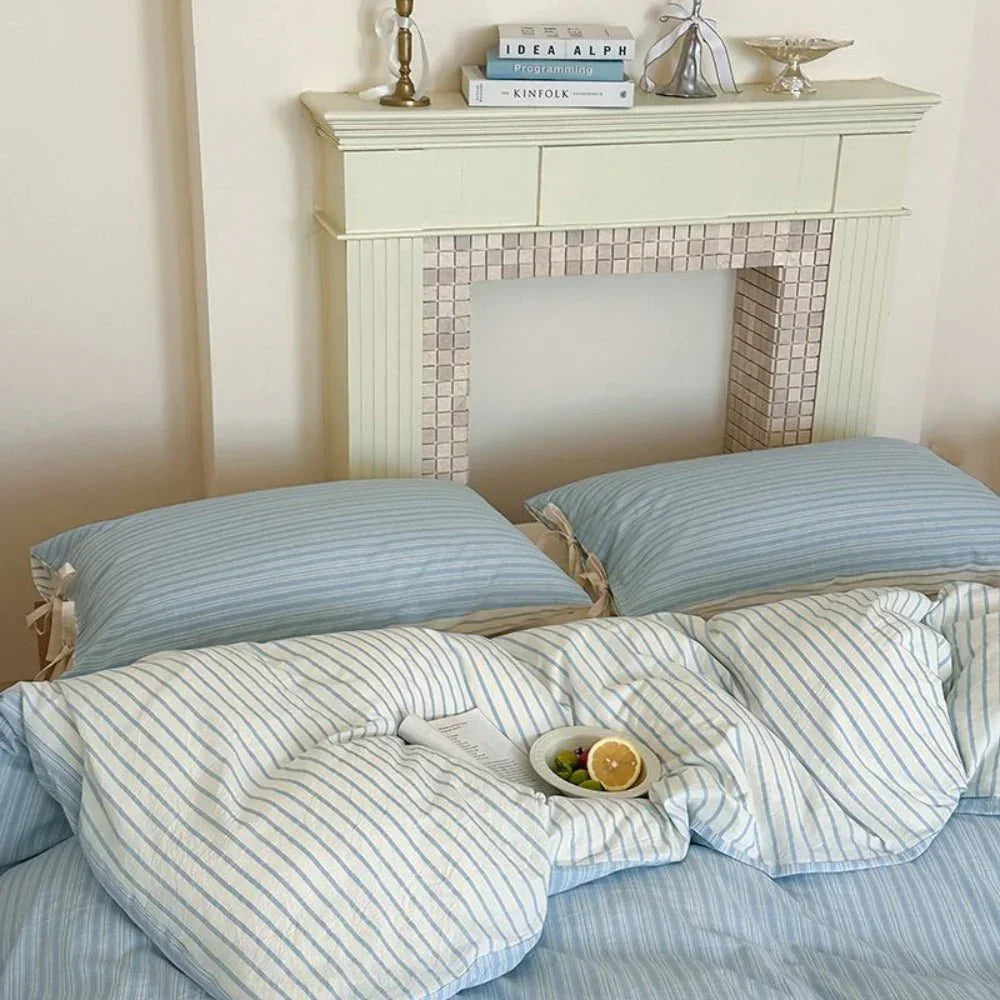 Josie Bow Tied Striped Bedding Set / Green Ever Lasting