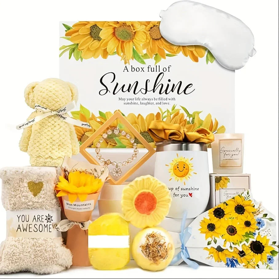 Ladies' Gift Basket, 13 Unique Birthday Gifts for Ladies, Best Friend Birthday And Christmas Gifts, Sunflower Bath Gift Basket Sends Sunshine Fuel Box for Sisterly Friendship - Light Up Her Day! House Of Avana