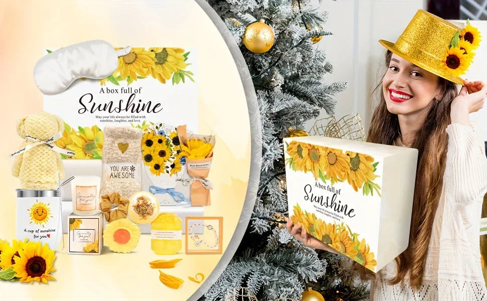 Ladies' Gift Basket, 13 Unique Birthday Gifts for Ladies, Best Friend Birthday And Christmas Gifts, Sunflower Bath Gift Basket Sends Sunshine Fuel Box for Sisterly Friendship - Light Up Her Day! House Of Avana