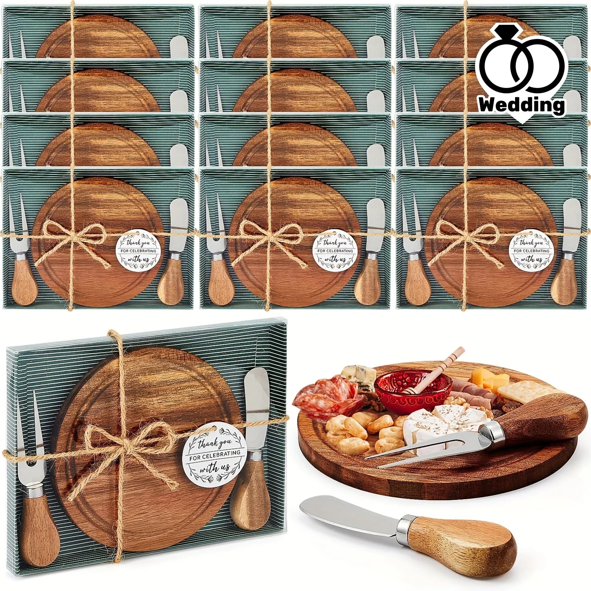 12 Sets Bridal Shower Baby Prizes Cheese Board Set Wood Round Mini Charcuterie Board with Knives And Forks Bulk Thank You Tags with Bridal Shower Gift Box for Guests Wedding Party (Acacia) House Of Avana