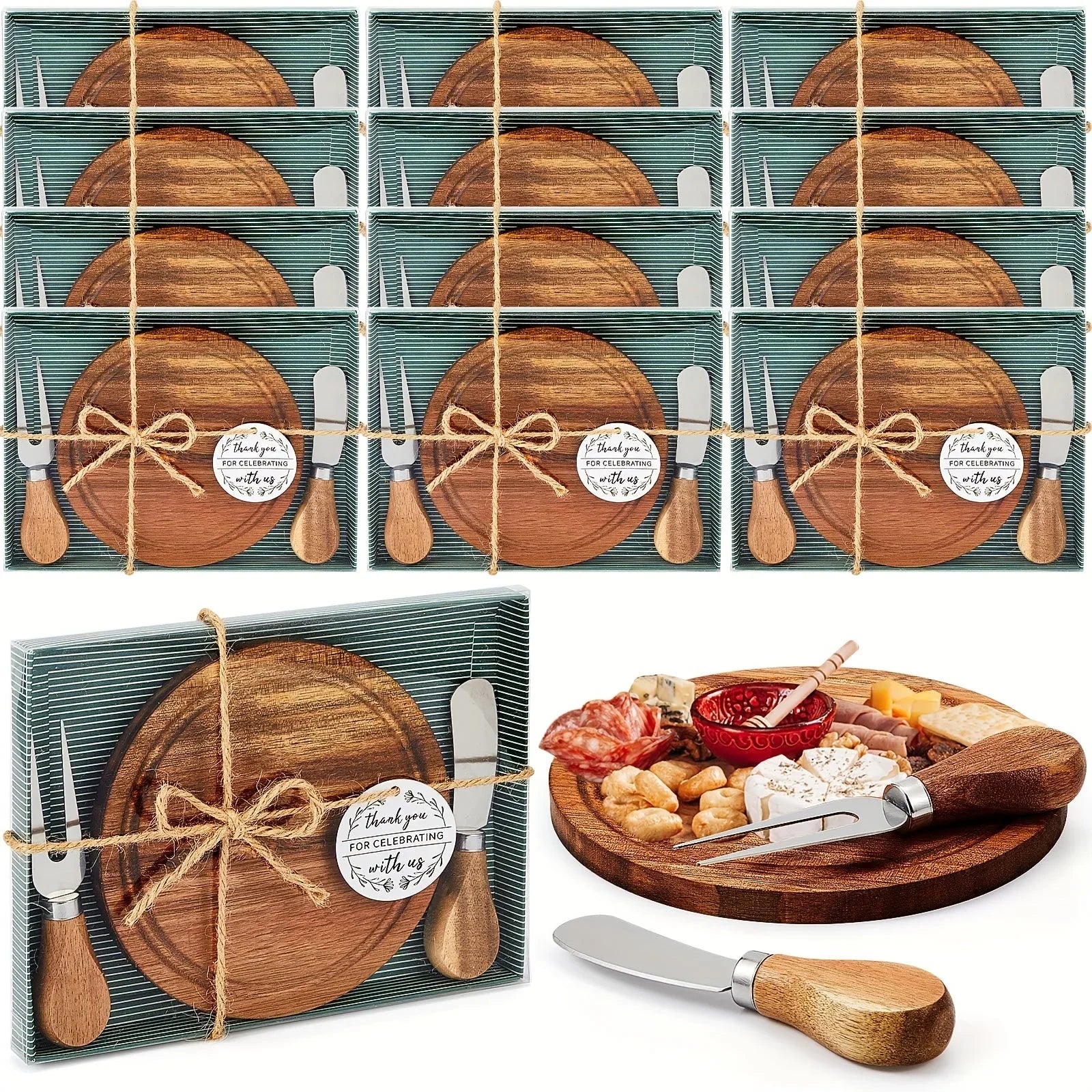 12 Sets Bridal Shower Baby Prizes Cheese Board Set Wood Round Mini Charcuterie Board with Knives And Forks Bulk Thank You Tags with Bridal Shower Gift Box for Guests Wedding Party (Acacia) House Of Avana