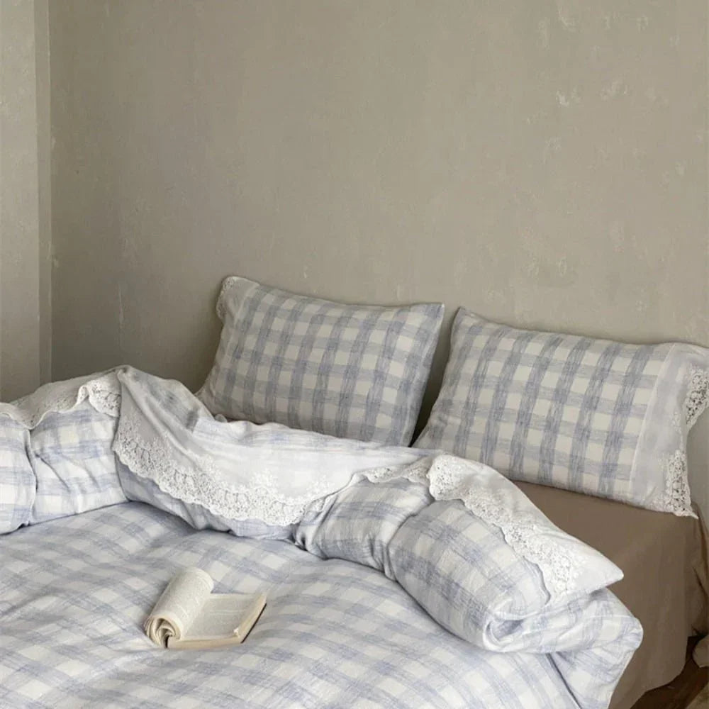 June Lace Double Gauze Gingham Bedding Set / Blue Ever Lasting
