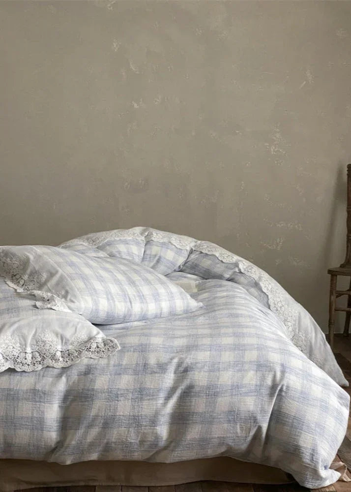 June Lace Double Gauze Gingham Bedding Set / Blue Ever Lasting