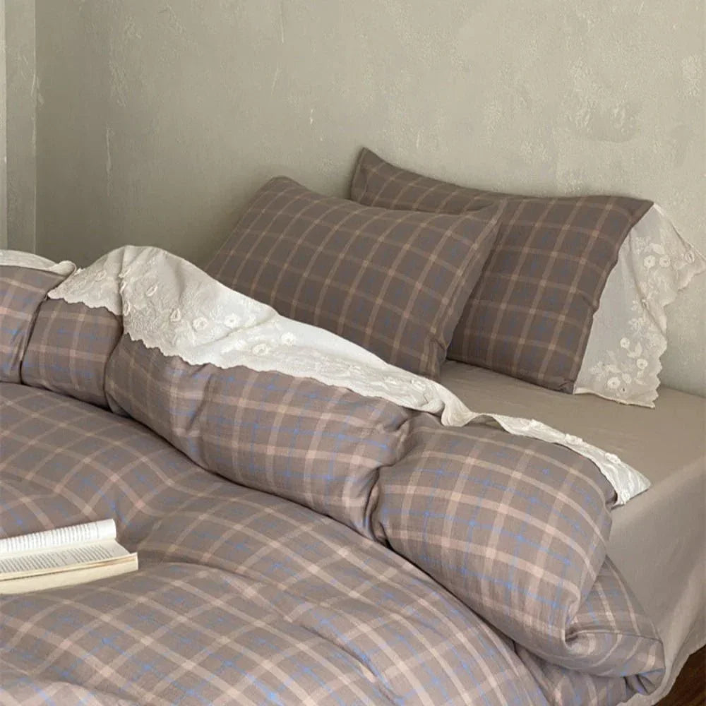 June Lace Double Gauze Gingham Bedding Set / Blue Ever Lasting