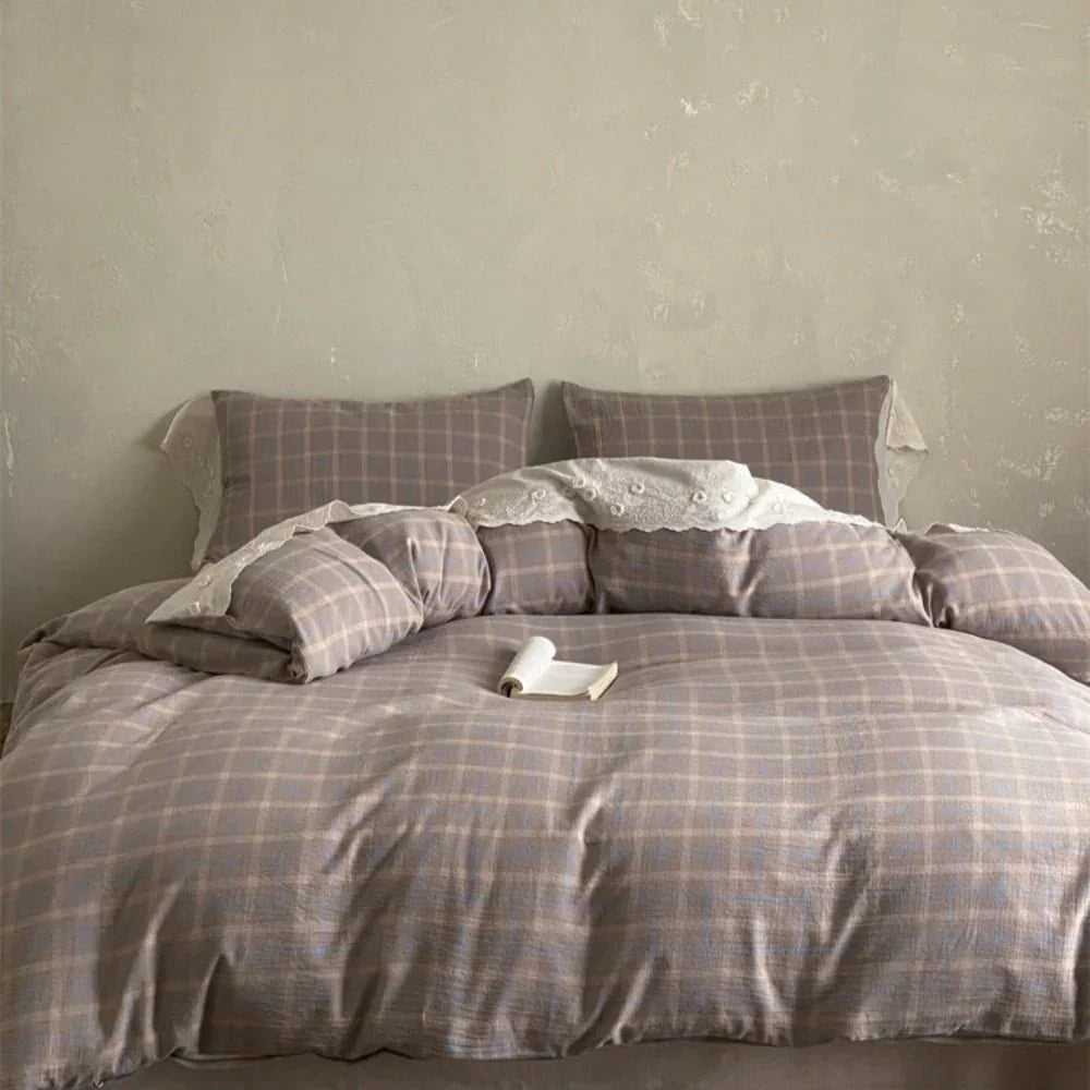 June Lace Double Gauze Gingham Bedding Set / Blue Ever Lasting