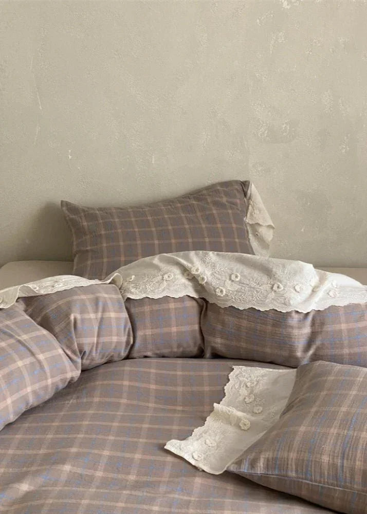June Lace Double Gauze Gingham Bedding Set / Blue Ever Lasting