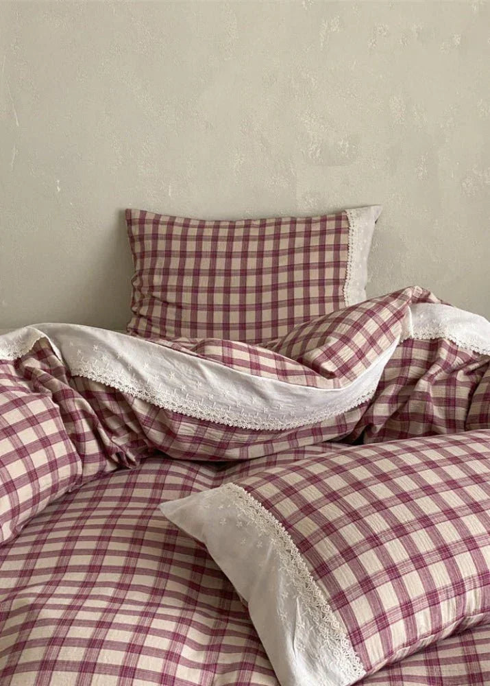 June Lace Double Gauze Gingham Bedding Set / Blue Ever Lasting
