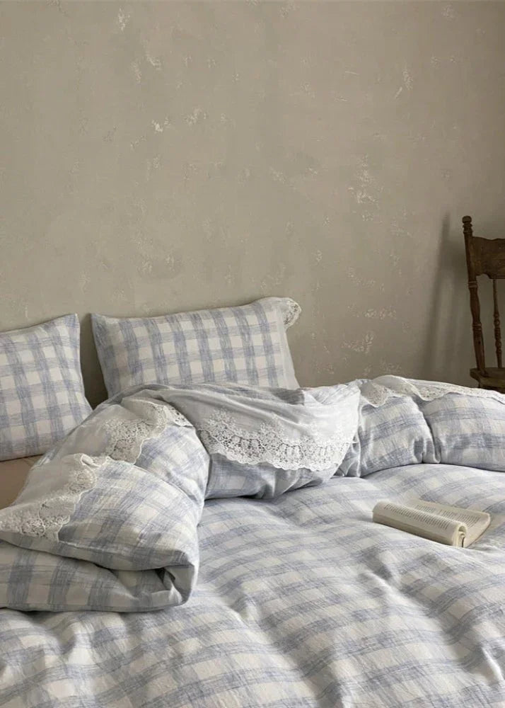 June Lace Double Gauze Gingham Bedding Set / Blue Ever Lasting