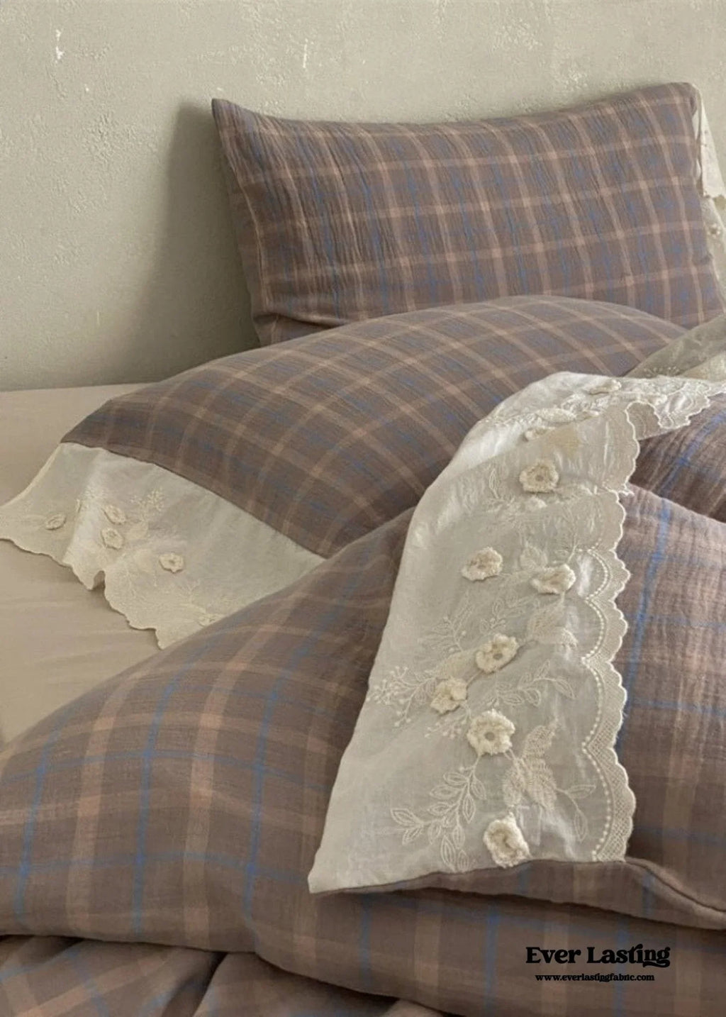June Lace Double Gauze Gingham Bedding Set / Brown Ever Lasting