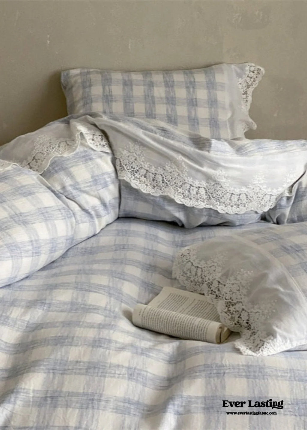 June Lace Double Gauze Gingham Bedding Set / Brown Ever Lasting