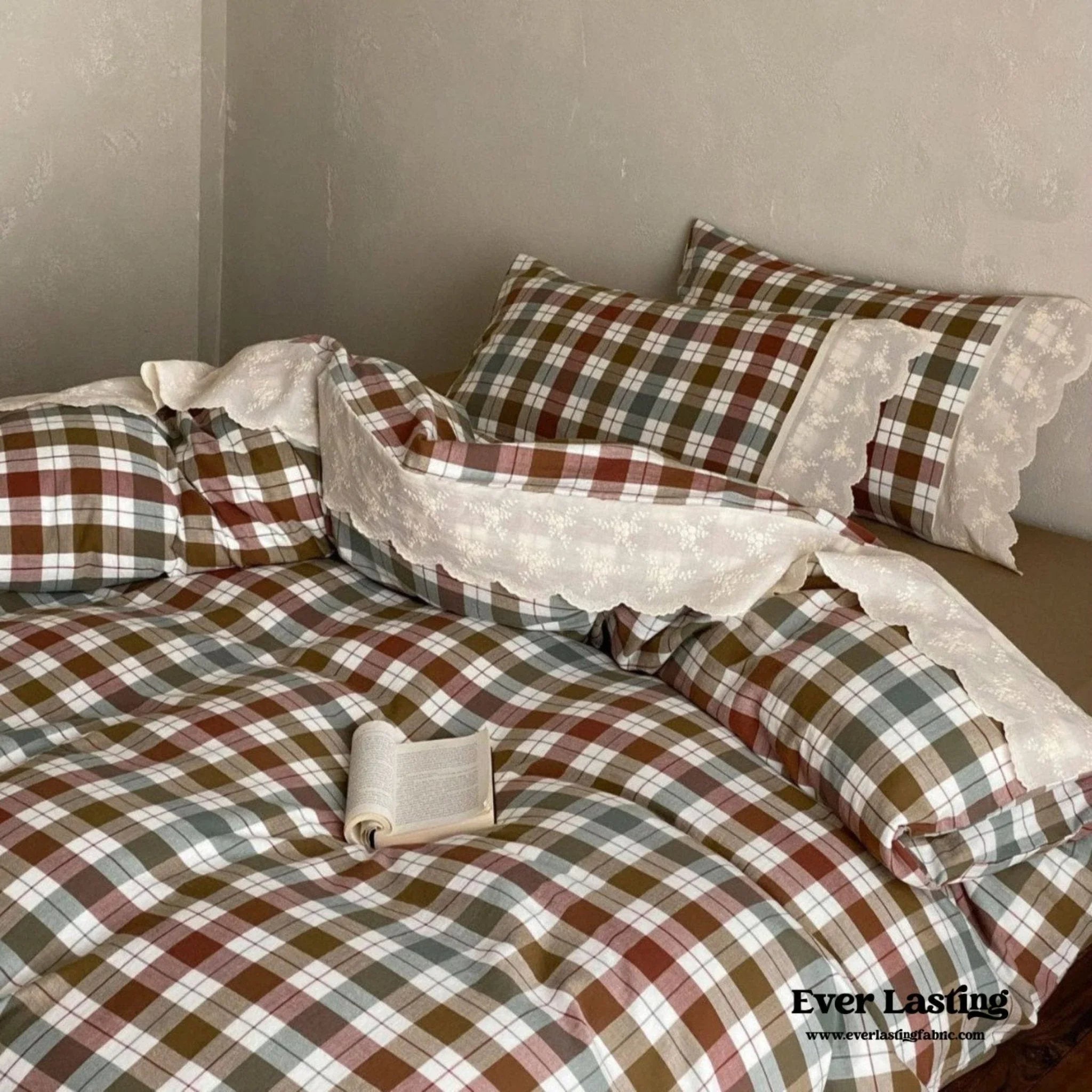 June Lace Double Gauze Gingham Bedding Set / Brown Ever Lasting